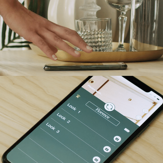 a gif showing how easy it is to securely store your stash by tapping the app to unlock, opening the drawer for access and closing the drawer to lock it again.
