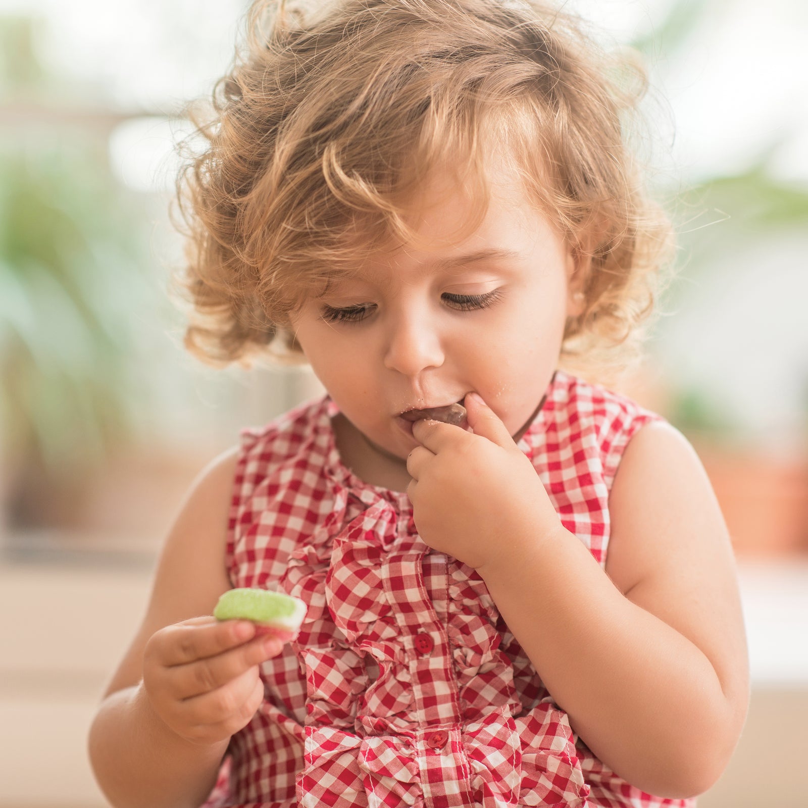 small child looking at a watermelon gummy while putting another gummy in her mouth.